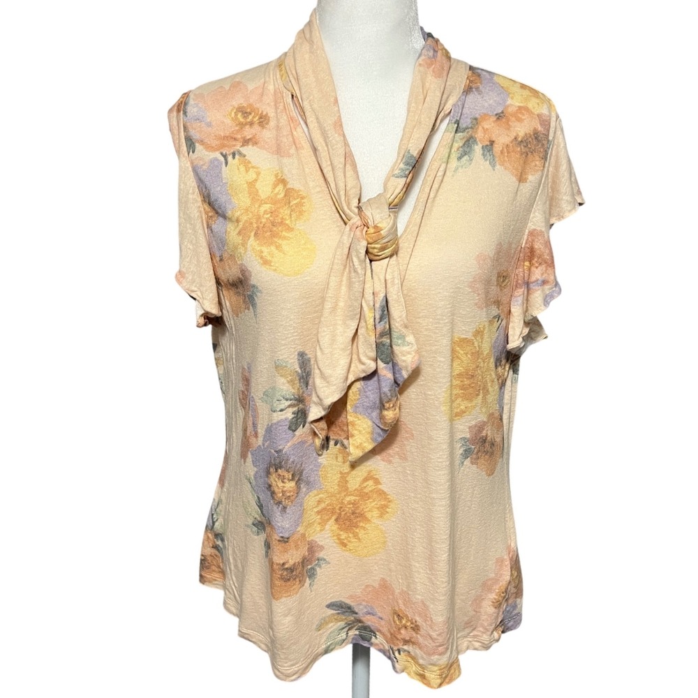 LAUREN Ralph‎ Lauren Linen Blend Floral Top Tie Neck Flutter Sleeve Womens Large